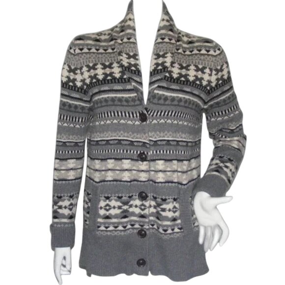 EDDIE BAUER Cardigan Sweater, M, Aztek, Stripe, Gray/White, Pockets, Washable - Picture 1 of 12